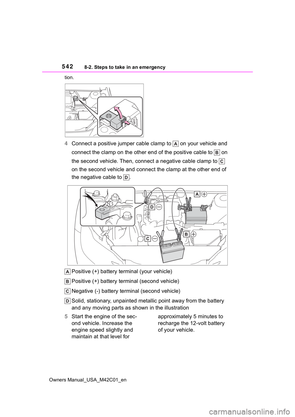 SUBARU SOLTERRA 2023 Owners Manual 5428-2. Steps to take in an emergency
Owners Manual_USA_M42C01_ention.
4
Connect a positive jumper cabl e clamp to on your vehicle and
connect the clamp on the other end of the positive cable to SUBARU SOLTERRA 2023 Owners Manual 5428-2. Steps to take in an emergency
Owners Manual_USA_M42C01_ention.
4
Connect a positive jumper cabl e clamp to on your vehicle and
connect the clamp on the other end of the positive cable to