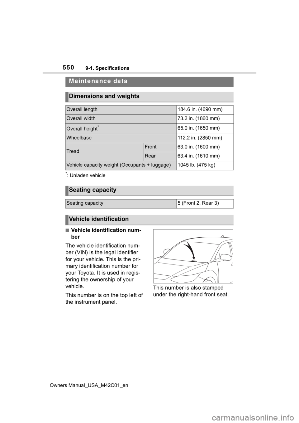 SUBARU SOLTERRA 2023 Owners Manual 5509-1. Specifications
Owners Manual_USA_M42C01_en
9-1.Specifications
*: Unladen vehicle
■Vehicle identification num-
ber
The vehicle identification num-
ber (VIN) is the legal identifier
for your SUBARU SOLTERRA 2023 Owners Manual 5509-1. Specifications
Owners Manual_USA_M42C01_en
9-1.Specifications
*: Unladen vehicle
■Vehicle identification num-
ber
The vehicle identification num-
ber (VIN) is the legal identifier
for your
