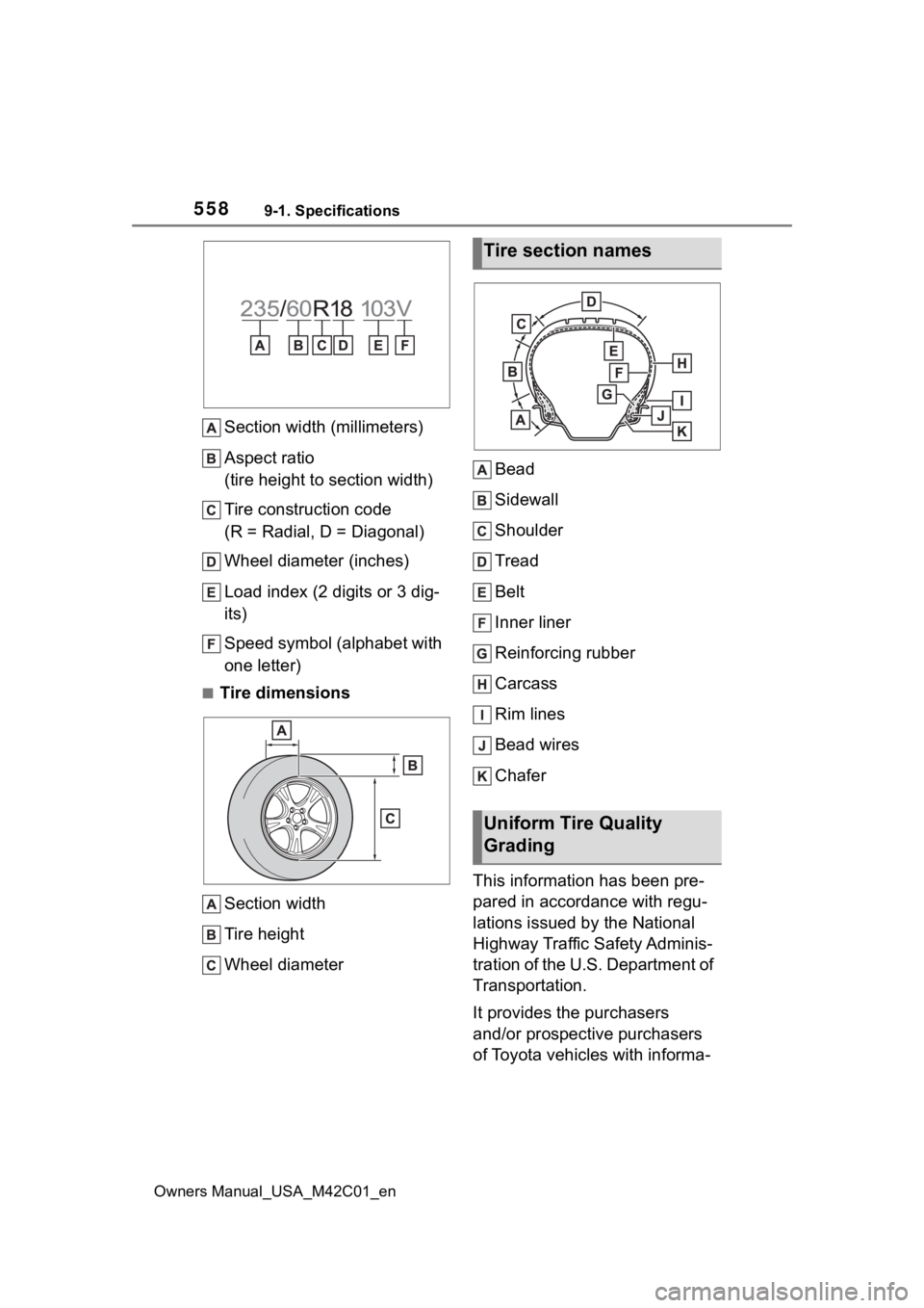 SUBARU SOLTERRA 2023 Owners Manual 5589-1. Specifications
Owners Manual_USA_M42C01_en
Section width (millimeters)
Aspect ratio
(tire height to section width)
Tire construction code
(R = Radial, D = Diagonal)
Wheel diameter (inches)
Loa SUBARU SOLTERRA 2023 Owners Manual 5589-1. Specifications
Owners Manual_USA_M42C01_en
Section width (millimeters)
Aspect ratio
(tire height to section width)
Tire construction code
(R = Radial, D = Diagonal)
Wheel diameter (inches)
Loa