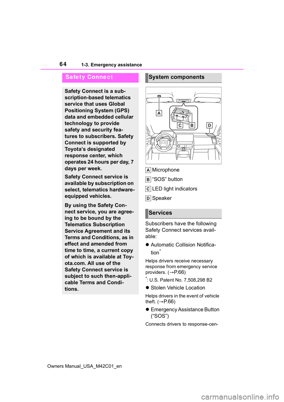 SUBARU SOLTERRA 2023 Repair Manual 641-3. Emergency assistance
Owners Manual_USA_M42C01_en
1-3.Emergency assistance
Microphone
“SOS” button
LED light indicators
Speaker
Subscribers have the following
Safety Connect services avail- SUBARU SOLTERRA 2023 Repair Manual 641-3. Emergency assistance
Owners Manual_USA_M42C01_en
1-3.Emergency assistance
Microphone
“SOS” button
LED light indicators
Speaker
Subscribers have the following
Safety Connect services avail-