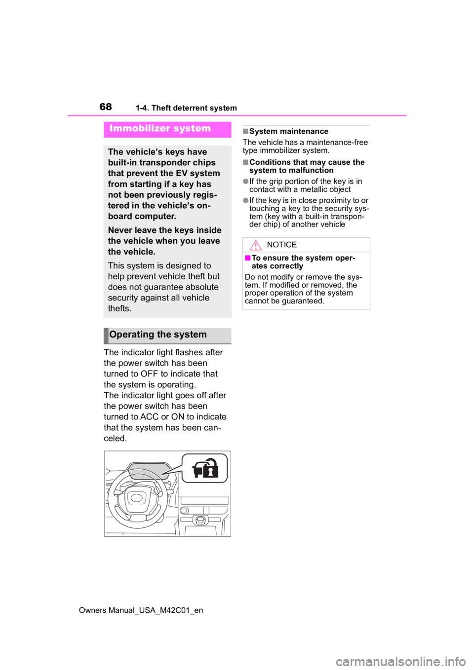 SUBARU SOLTERRA 2023 Repair Manual 681-4. Theft deterrent system
Owners Manual_USA_M42C01_en
1-4.Theft deterrent system
The indicator light flashes after
the power switch has been
turned to OFF to indicate that
the system is operati SUBARU SOLTERRA 2023 Repair Manual 681-4. Theft deterrent system
Owners Manual_USA_M42C01_en
1-4.Theft deterrent system
The indicator light flashes after
the power switch has been
turned to OFF to indicate that
the system is operati
