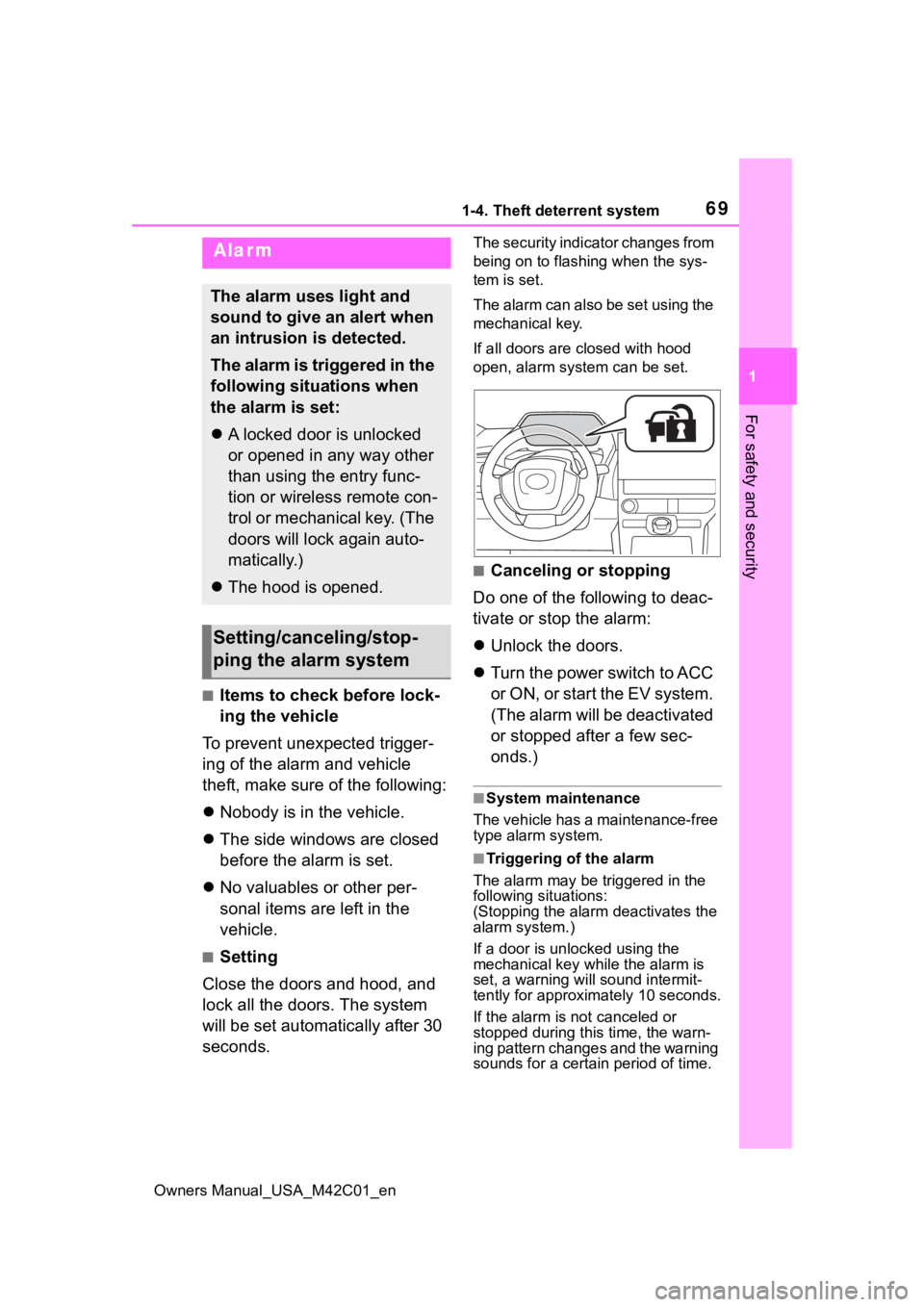SUBARU SOLTERRA 2023 Repair Manual 691-4. Theft deterrent system
Owners Manual_USA_M42C01_en
1
For safety and security
■Items to check before lock-
ing the vehicle
To prevent unexpected trigger-
ing of the alarm and vehicle
theft, m SUBARU SOLTERRA 2023 Repair Manual 691-4. Theft deterrent system
Owners Manual_USA_M42C01_en
1
For safety and security
■Items to check before lock-
ing the vehicle
To prevent unexpected trigger-
ing of the alarm and vehicle
theft, m