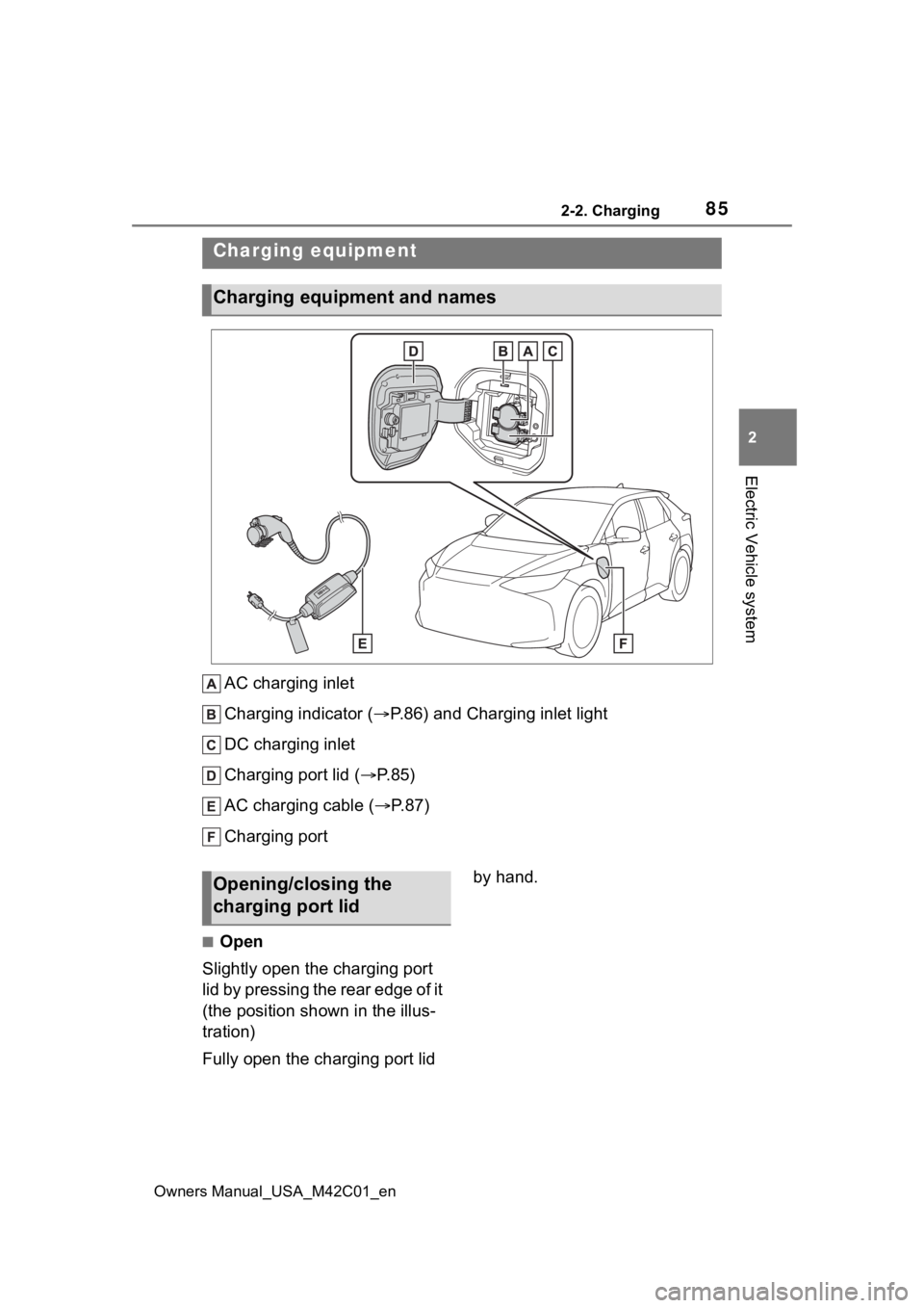 SUBARU SOLTERRA 2023 Manual Online 852-2. Charging
Owners Manual_USA_M42C01_en
2
Electric Vehicle system
2-2.Charging
AC charging inlet
Charging indicator ( P.86) and Charging inlet light
DC charging inlet
Charging port lid ( P.8 SUBARU SOLTERRA 2023 Manual Online 852-2. Charging
Owners Manual_USA_M42C01_en
2
Electric Vehicle system
2-2.Charging
AC charging inlet
Charging indicator ( P.86) and Charging inlet light
DC charging inlet
Charging port lid ( P.8