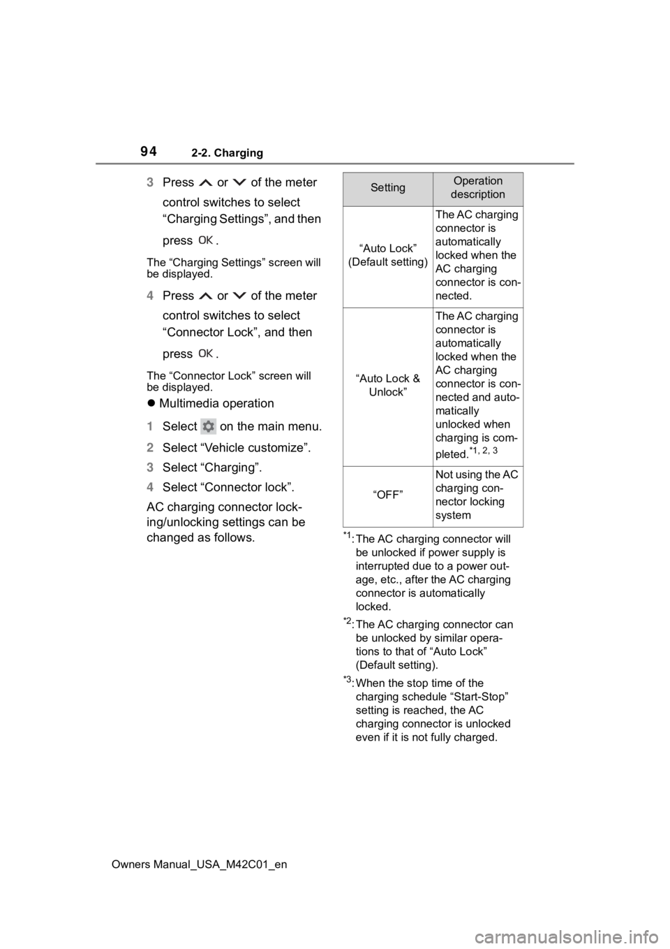 SUBARU SOLTERRA 2023 Owners Manual 942-2. Charging
Owners Manual_USA_M42C01_en
3Press or of the meter
control switches to select
“Charging Settings”, and then
press .
The “Charging Settings” screen will
be displayed.
4 SUBARU SOLTERRA 2023 Owners Manual 942-2. Charging
Owners Manual_USA_M42C01_en
3Press or of the meter
control switches to select
“Charging Settings”, and then
press .
The “Charging Settings” screen will
be displayed.
4