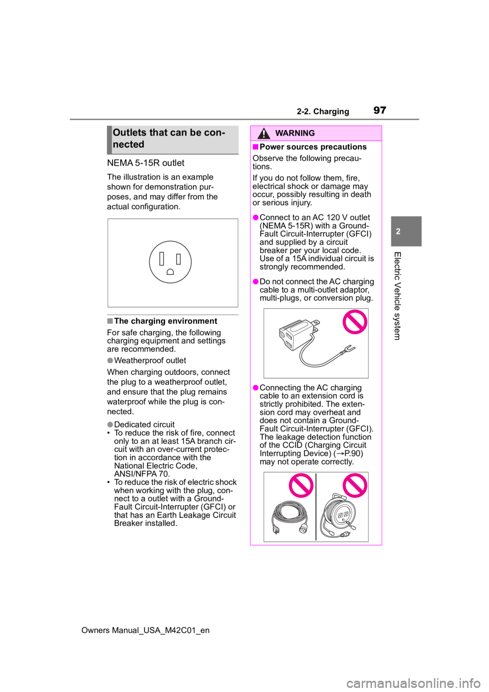 SUBARU SOLTERRA 2023 Owners Manual 972-2. Charging
Owners Manual_USA_M42C01_en
2
Electric Vehicle system
NEMA 5-15R outlet
The illustration is an example
shown for demonstration pur-
poses, and may differ from the
actual configuratio SUBARU SOLTERRA 2023 Owners Manual 972-2. Charging
Owners Manual_USA_M42C01_en
2
Electric Vehicle system
NEMA 5-15R outlet
The illustration is an example
shown for demonstration pur-
poses, and may differ from the
actual configuratio