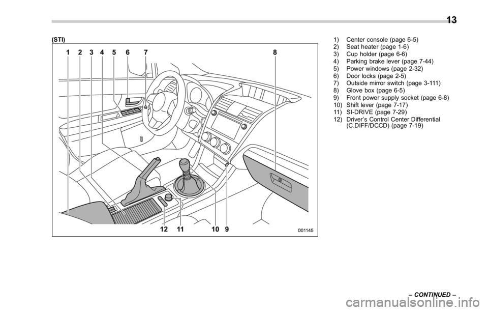 SUBARU WRX 2016  Owners Manual (STI) 1) Center console (page 6-5)
2) Seat heater (page 1-6)
3) Cup holder (page 6-6)
4) Parking brake lever (page 7-44)
5) Power windows (page 2-32)
6) Door locks (page 2-5)
7) Outside mirror switch 
