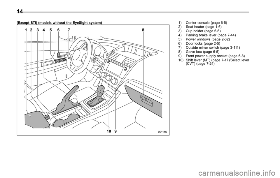 SUBARU WRX 2016 User Guide (Except STI) (models without the EyeSight system) 1) Center console (page 6-5)
2) Seat heater (page 1-6)
3) Cup holder (page 6-6)
4) Parking brake lever (page 7-44)
5) Power windows (page 2-32)
6) Doo SUBARU WRX 2016 User Guide (Except STI) (models without the EyeSight system) 1) Center console (page 6-5)
2) Seat heater (page 1-6)
3) Cup holder (page 6-6)
4) Parking brake lever (page 7-44)
5) Power windows (page 2-32)
6) Doo