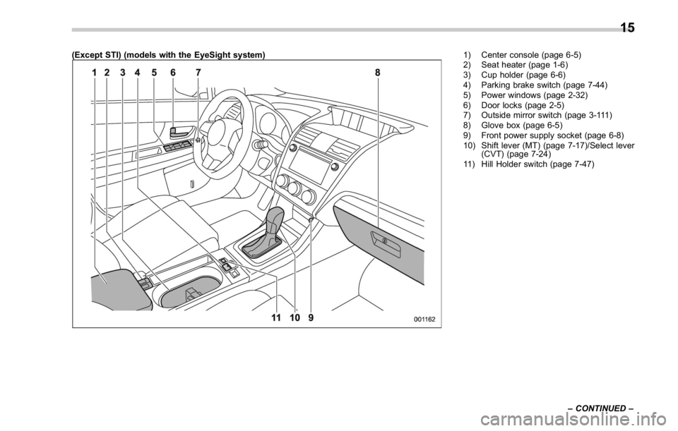 SUBARU WRX 2016  Owners Manual (Except STI) (models with the EyeSight system) 1) Center console (page 6-5)
2) Seat heater (page 1-6)
3) Cup holder (page 6-6)
4) Parking brake switch (page 7-44)
5) Power windows (page 2-32)
6) Door 