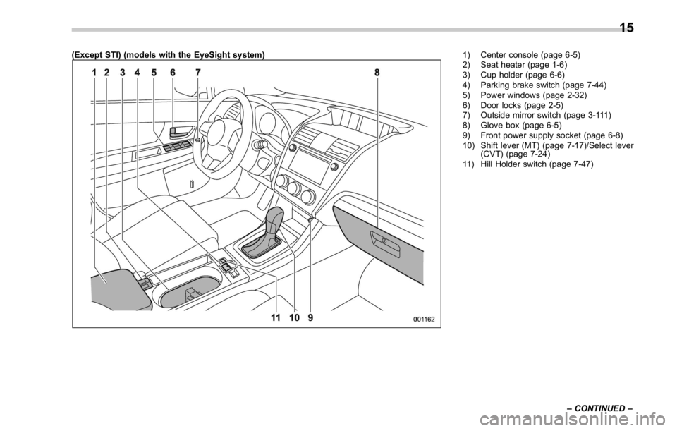 SUBARU WRX 2016 User Guide (Except STI) (models with the EyeSight system) 1) Center console (page 6-5)
2) Seat heater (page 1-6)
3) Cup holder (page 6-6)
4) Parking brake switch (page 7-44)
5) Power windows (page 2-32)
6) Door SUBARU WRX 2016 User Guide (Except STI) (models with the EyeSight system) 1) Center console (page 6-5)
2) Seat heater (page 1-6)
3) Cup holder (page 6-6)
4) Parking brake switch (page 7-44)
5) Power windows (page 2-32)
6) Door