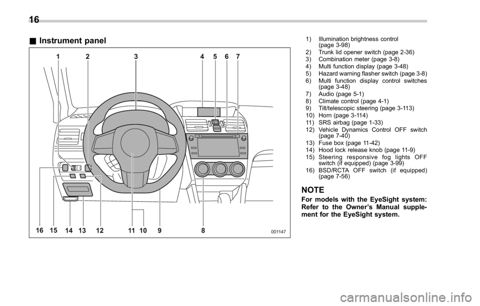 SUBARU WRX 2016 Owners Manual & Instrument panel 1) Illumination brightness control
(page 3-98)
2) Trunk lid opener switch (page 2-36)
3) Combination meter (page 3-8)
4) Multi function display (page 3-48)
5) Hazard warning flasher SUBARU WRX 2016 Owners Manual & Instrument panel 1) Illumination brightness control
(page 3-98)
2) Trunk lid opener switch (page 2-36)
3) Combination meter (page 3-8)
4) Multi function display (page 3-48)
5) Hazard warning flasher