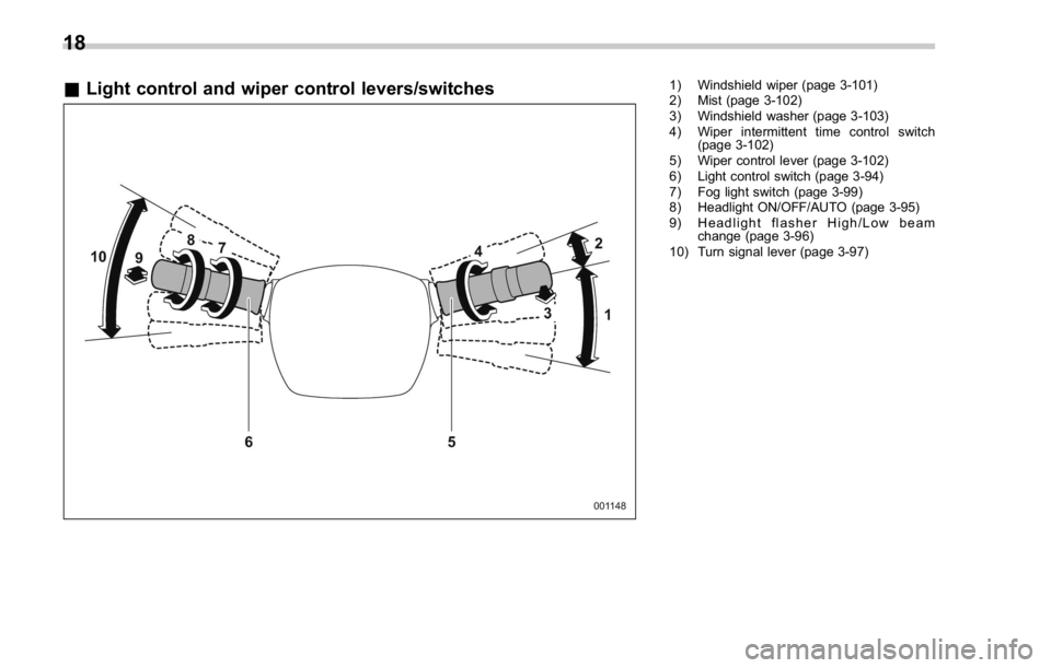 SUBARU WRX 2016 Owners Manual & Light control and wiper control levers/switches 1) Windshield wiper (page 3-101)
2) Mist (page 3-102)
3) Windshield washer (page 3-103)
4) Wiper intermittent time control switch
(page 3-102)
5) Wipe SUBARU WRX 2016 Owners Manual & Light control and wiper control levers/switches 1) Windshield wiper (page 3-101)
2) Mist (page 3-102)
3) Windshield washer (page 3-103)
4) Wiper intermittent time control switch
(page 3-102)
5) Wipe