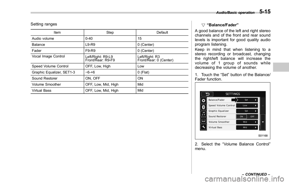 SUBARU WRX 2016 Owners Manual Setting ranges Item Step Default
Audio volume 0-40 15
Balance L9-R9 0 (Center)
Fader F9-R9 0 (Center)
Vocal Image Control
Left/Right: R9-L9
Front/Rear: R9-F9 Left/Right: R3
Front/Rear: 0 (Center)
Spee SUBARU WRX 2016 Owners Manual Setting ranges Item Step Default
Audio volume 0-40 15
Balance L9-R9 0 (Center)
Fader F9-R9 0 (Center)
Vocal Image Control
Left/Right: R9-L9
Front/Rear: R9-F9 Left/Right: R3
Front/Rear: 0 (Center)
Spee