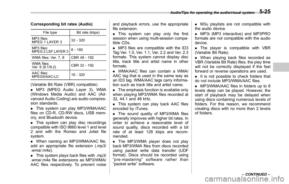 SUBARU WRX 2016 Owners Manual Corresponding bit rates (Audio) File type Bit rate (kbps)
MP3 files:
MPEG 1 LAYER 3 32 - 320
MP3 files:
MPEG 2 LSF LAYER 3 8 - 160
WMA files: Ver. 7, 8 CBR 48 - 192
WMA files:
Ver. 9 (9.1/9.2) CBR 32 SUBARU WRX 2016 Owners Manual Corresponding bit rates (Audio) File type Bit rate (kbps)
MP3 files:
MPEG 1 LAYER 3 32 - 320
MP3 files:
MPEG 2 LSF LAYER 3 8 - 160
WMA files: Ver. 7, 8 CBR 48 - 192
WMA files:
Ver. 9 (9.1/9.2) CBR 32