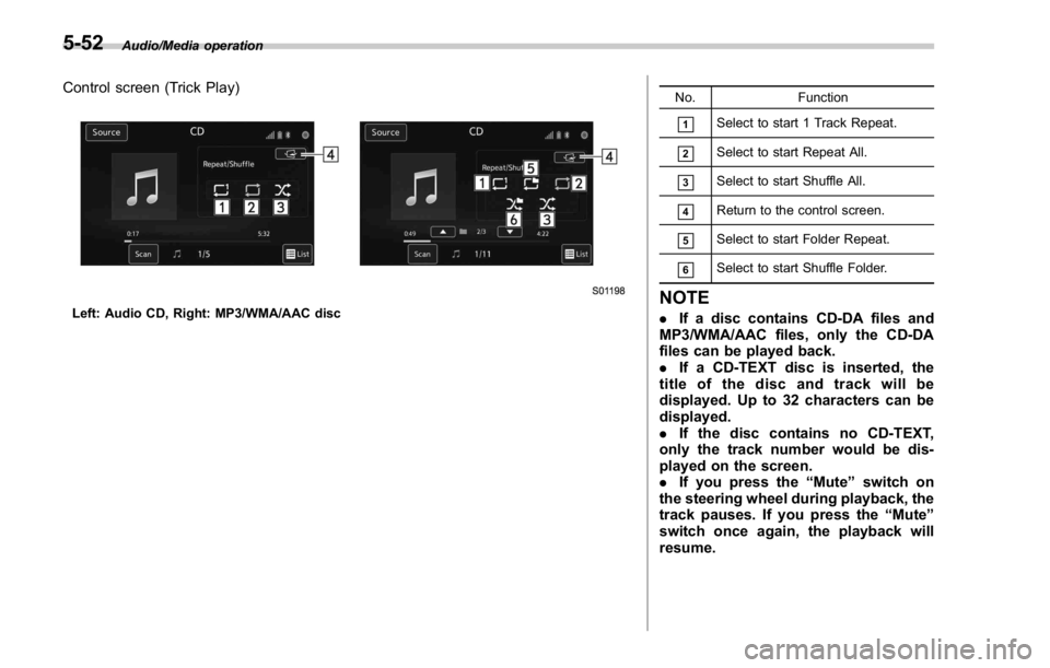 SUBARU WRX 2016 Owners Manual Audio/Media operation
Control screen (Trick Play)
Left: Audio CD, Right: MP3/WMA/AAC disc No. Function
& 1
Select to start 1 Track Repeat.
& 2
Select to start Repeat All.
& 3
Select to start Shuffle A SUBARU WRX 2016 Owners Manual Audio/Media operation
Control screen (Trick Play)
Left: Audio CD, Right: MP3/WMA/AAC disc No. Function
& 1
Select to start 1 Track Repeat.
& 2
Select to start Repeat All.
& 3
Select to start Shuffle A