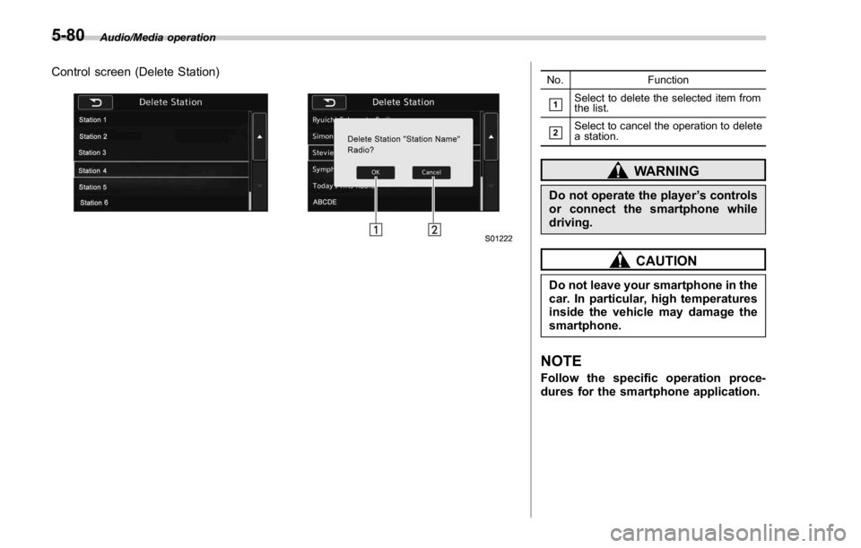 SUBARU WRX 2016 Owners Manual Audio/Media operation
Control screen (Delete Station) No. Function
& 1
Select to delete the selected item from
the list.
& 2
Select to cancel the operation to delete
a station.
WARNINGDo not operate t SUBARU WRX 2016 Owners Manual Audio/Media operation
Control screen (Delete Station) No. Function
& 1
Select to delete the selected item from
the list.
& 2
Select to cancel the operation to delete
a station.
WARNINGDo not operate t