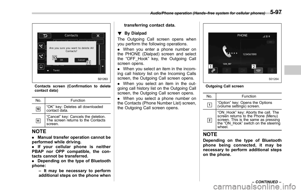 SUBARU WRX 2016 Owners Manual Contacts screen (Confirmation to delete
contact data)
No. Function
& 10
“ OK ” key: Deletes all downloaded
contact data.
& 11
“ Cancel ” key: Cancels the deletion.
The screen returns to the Co SUBARU WRX 2016 Owners Manual Contacts screen (Confirmation to delete
contact data)
No. Function
& 10
“ OK ” key: Deletes all downloaded
contact data.
& 11
“ Cancel ” key: Cancels the deletion.
The screen returns to the Co