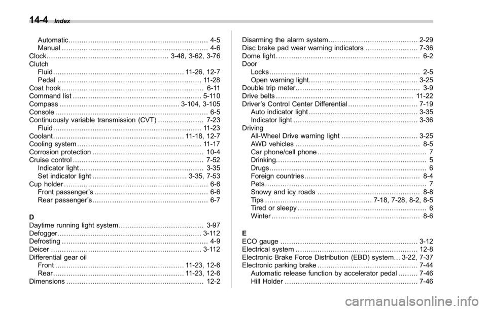 SUBARU WRX 2016 Owners Manual 14-4 Index
Automatic ................................................................ 4-5
Manual ................................................................... 4-6
Clock ......................... SUBARU WRX 2016 Owners Manual 14-4 Index
Automatic ................................................................ 4-5
Manual ................................................................... 4-6
Clock .........................