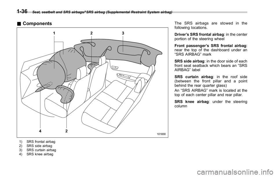 SUBARU WRX 2016 Repair Manual Seat, seatbelt and SRS airbags/*SRS airbag (Supplemental Restraint System airbag)
& Components
1) SRS frontal airbag
2) SRS side airbag
3) SRS curtain airbag
4) SRS knee airbag The SRS airbags are sto SUBARU WRX 2016 Repair Manual Seat, seatbelt and SRS airbags/*SRS airbag (Supplemental Restraint System airbag)
& Components
1) SRS frontal airbag
2) SRS side airbag
3) SRS curtain airbag
4) SRS knee airbag The SRS airbags are sto