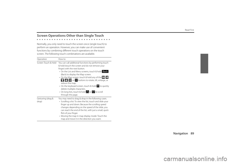 SUBARU BRZ 2013 1.G Navigation Manual Navigation 89
Read First
Screen Operations Other than Single Touch 
Normally, you only need to touch the screen once (single touch) to 
perform an operation. However, you can make use of convenient 
f
