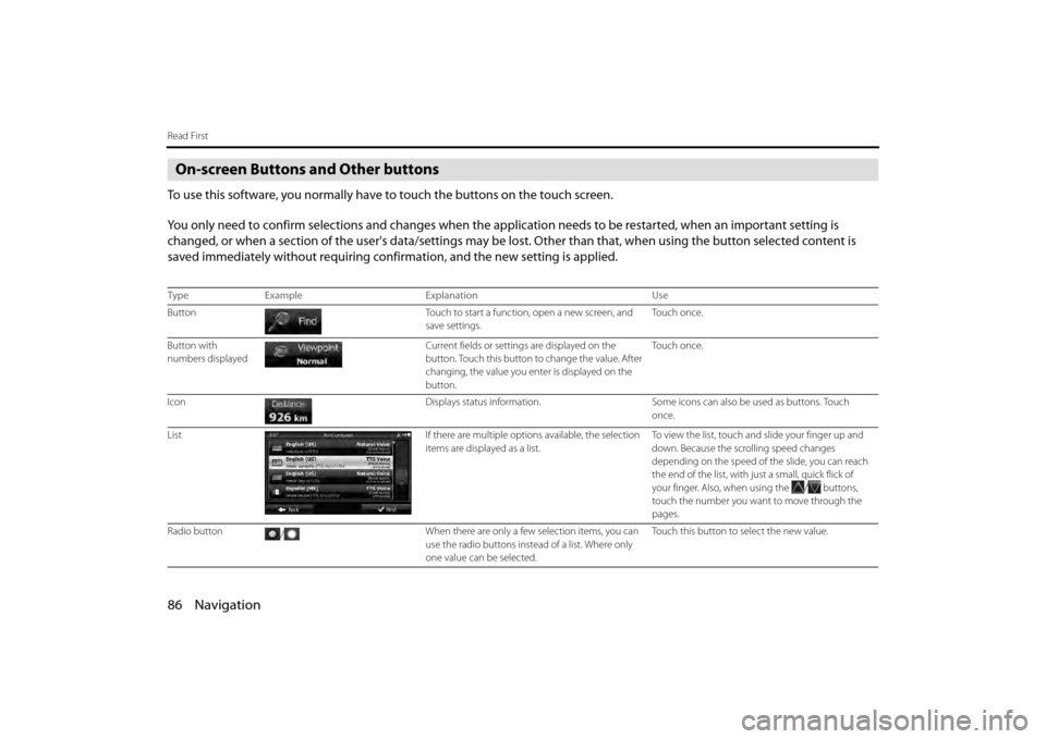 SUBARU BRZ 2013 1.G Navigation Manual 86 Navigation
Read First
On-screen Buttons and Other buttons
To use this software, you normally have to touch the buttons on the touch screen.
You only need to confirm selections and changes when the 