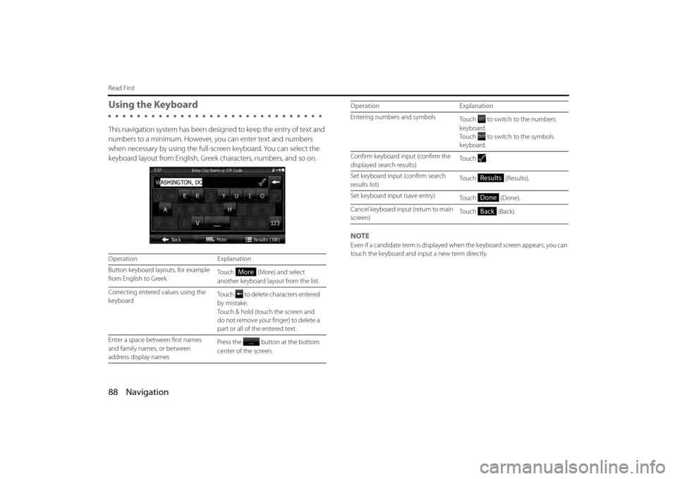 SUBARU BRZ 2013 1.G Navigation Manual 88 Navigation
Read First
Using the Keyboard
This navigation system has been designed to keep the entry of text and
numbers to a minimum. However, you can enter text and numbers
when necessary by u SUBARU BRZ 2013 1.G Navigation Manual 88 Navigation
Read First
Using the Keyboard
This navigation system has been designed to keep the entry of text and
numbers to a minimum. However, you can enter text and numbers
when necessary by u