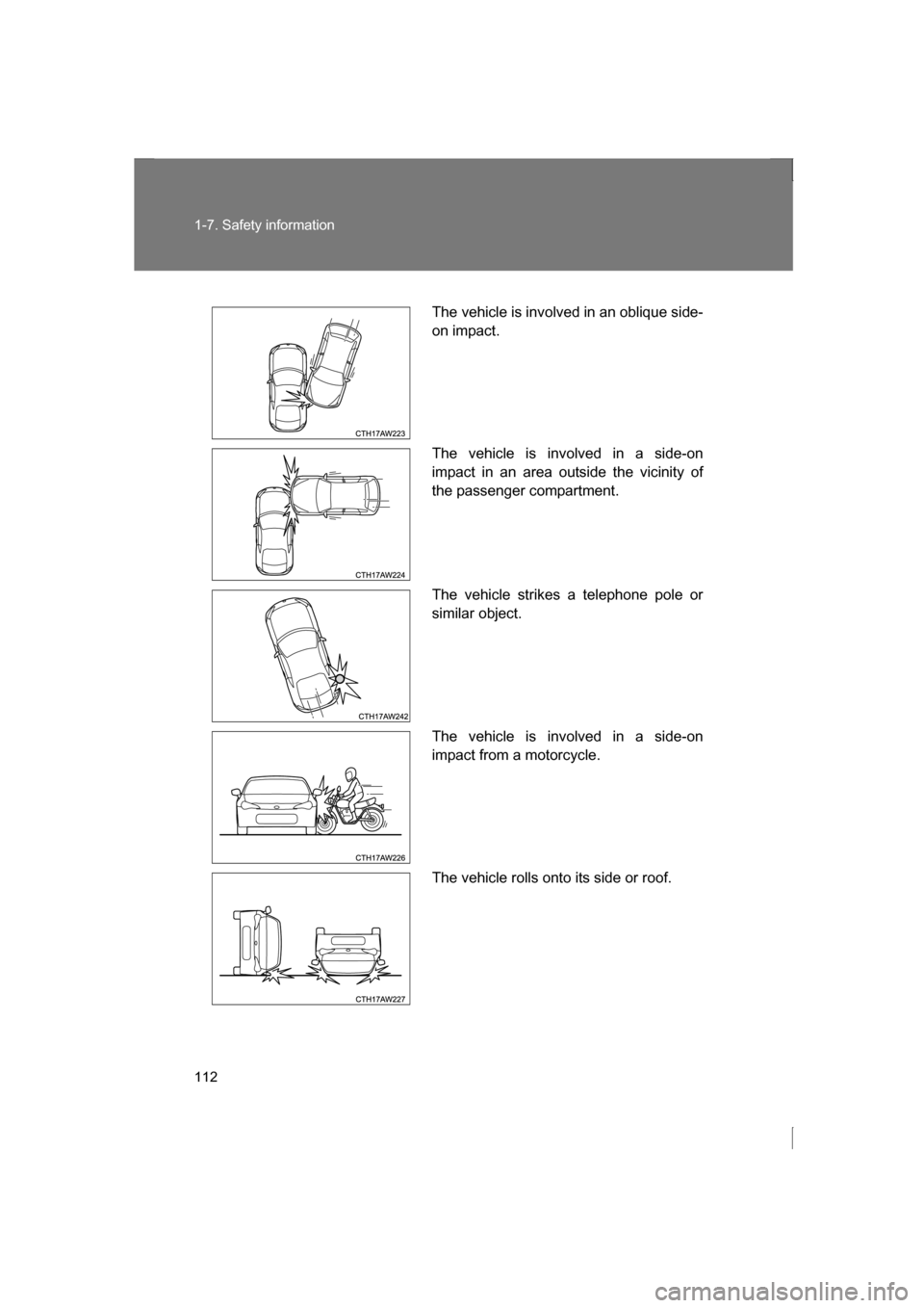 SUBARU BRZ 2013 1.G Owners Manual 112
1-7. Safety information
The vehicle is involved in an oblique side-
on impact.
The vehicle is involved in a side-on
impact in an area outside the vicinity of
the passenger compartment.
The veh SUBARU BRZ 2013 1.G Owners Manual 112
1-7. Safety information
The vehicle is involved in an oblique side-
on impact.
The vehicle is involved in a side-on
impact in an area outside the vicinity of
the passenger compartment.
The veh