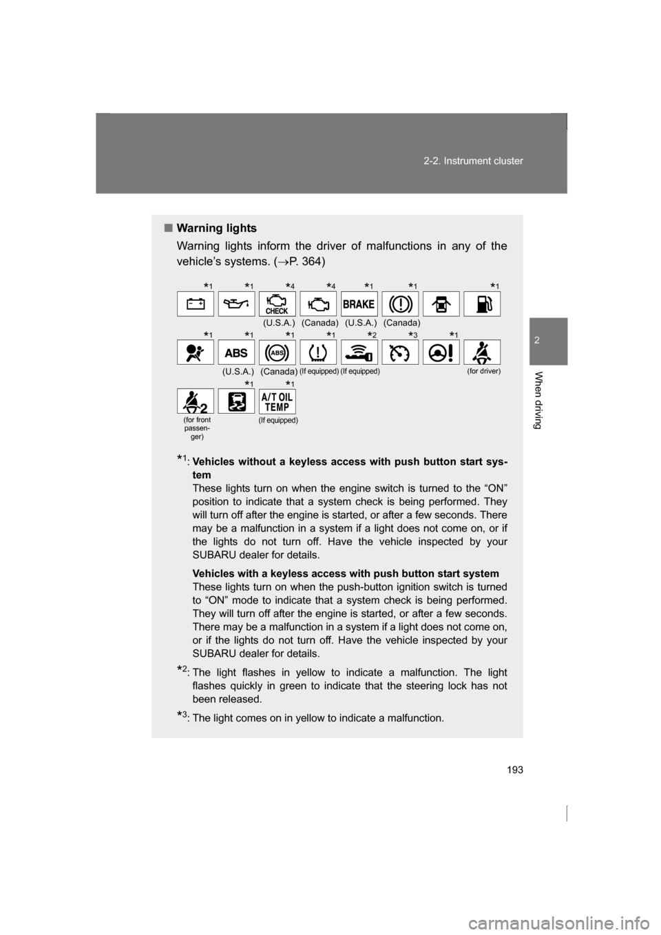 SUBARU BRZ 2013 1.G Repair Manual 193
2-2. Instrument cluster
2
When driving
■Warning lights 
Warning lights inform the driver of malfunctions in any of the 
vehicle’s systems. (→P. 364)
* 1
: Vehicles without a keyless access w