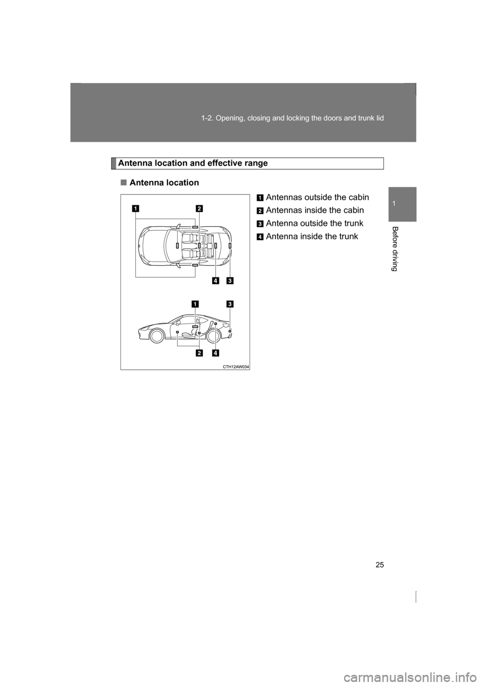 SUBARU BRZ 2013 1.G Owners Manual 25
1-2. Opening, closing and locking the doors and trunk lid
1
Before driving
Antenna location and effective range
■Antenna locationAntennas outside the cabin 
Antennas inside the cabin
Antenna outs