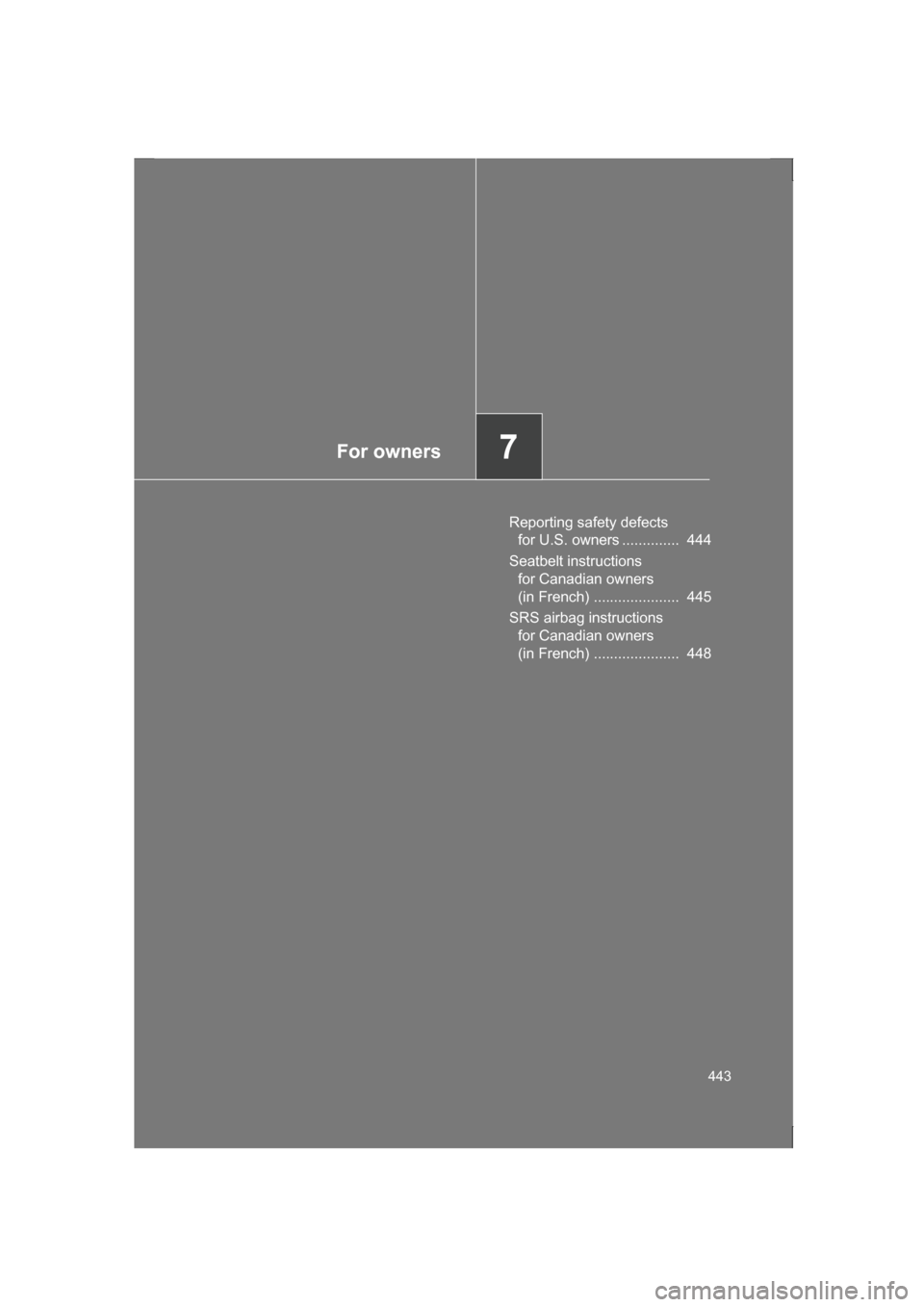 SUBARU BRZ 2013 1.G Owners Manual For owners7
443
Reporting safety defects for U.S. owners ..............  444
Seatbelt instructions  for Canadian owners  
(in French) .....................  445
SRS airbag instructions  for Canadian o