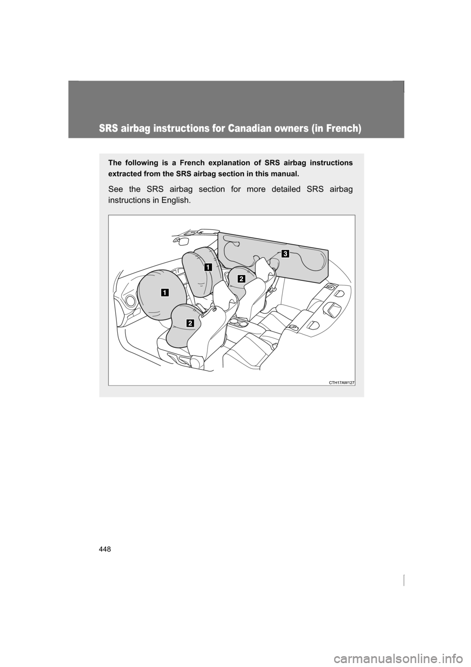 SUBARU BRZ 2013 1.G Owners Manual 448
SRS airbag instructions for Canadian owners (in French)
The following is a French explanation of SRS airbag instructions 
extracted from the SRS airbag section in this manual.
See the SRS airbag s