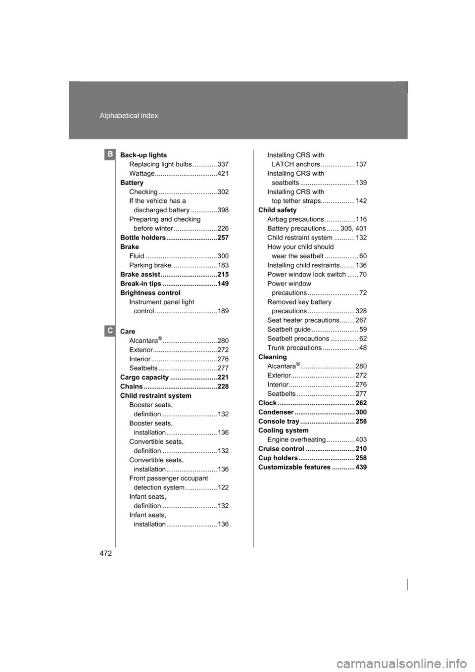 SUBARU BRZ 2013 1.G Service Manual 472
Alphabetical index
Back-up lightsReplacing light bulbs ............. 337 
Wattage.................................421
Battery Checking ............................... 302 
If the vehicle has a dis