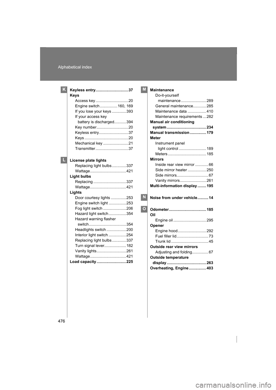 SUBARU BRZ 2013 1.G Owners Manual 476
Alphabetical index
Keyless entry..............................37
KeysAccess key ..............................20
Engine switch ................160, 169
If you lose your keys ............. 393
If SUBARU BRZ 2013 1.G Owners Manual 476
Alphabetical index
Keyless entry..............................37
KeysAccess key ..............................20
Engine switch ................160, 169
If you lose your keys ............. 393
If
