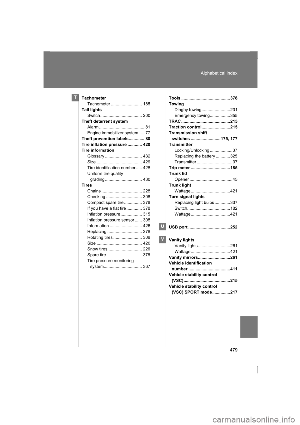 SUBARU BRZ 2013 1.G Service Manual 479
Alphabetical index
TachometerTachometer .......................... 185
Tail lights
Switch ................................... 200
Theft deterrent system Alarm .....................................