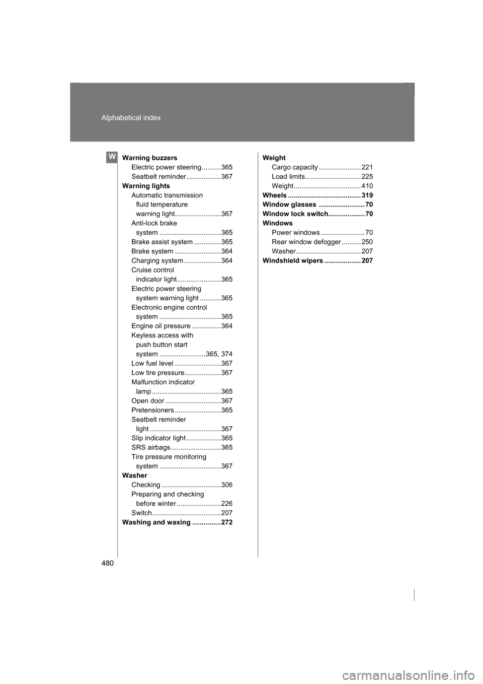 SUBARU BRZ 2013 1.G Service Manual 480
Alphabetical index
Warning buzzersElectric power steering .......... 365 
Seatbelt reminder.................. 367
Warning lights Automatic transmission fluid temperature 
warning light............