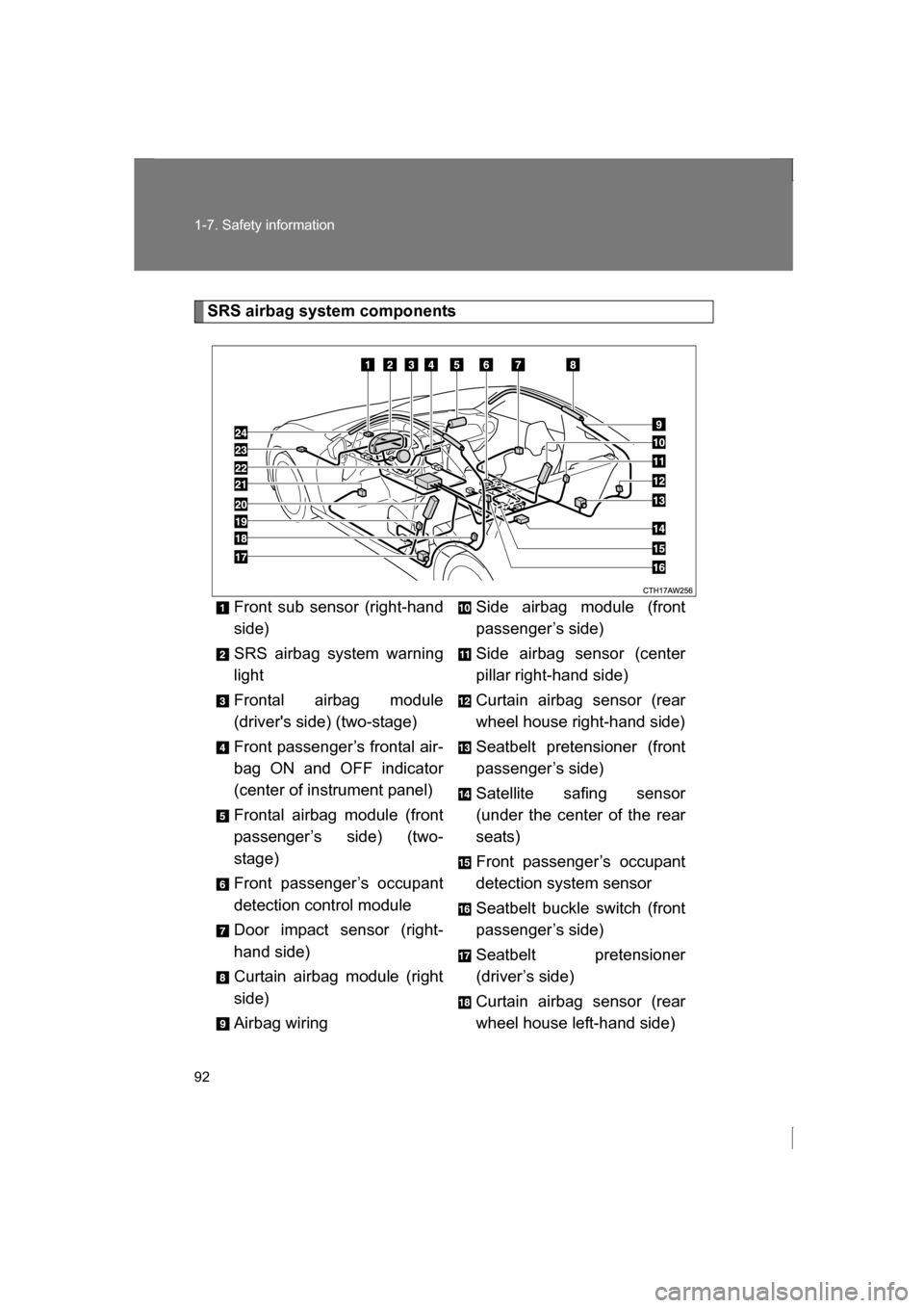 SUBARU BRZ 2013 1.G Owners Manual 92
1-7. Safety information
SRS airbag system componentsFront sub sensor (right-hand 
side) 
SRS airbag system warning 
light 
Frontal airbag module 
(drivers side) (two-stage) 
Front passenger’s fr