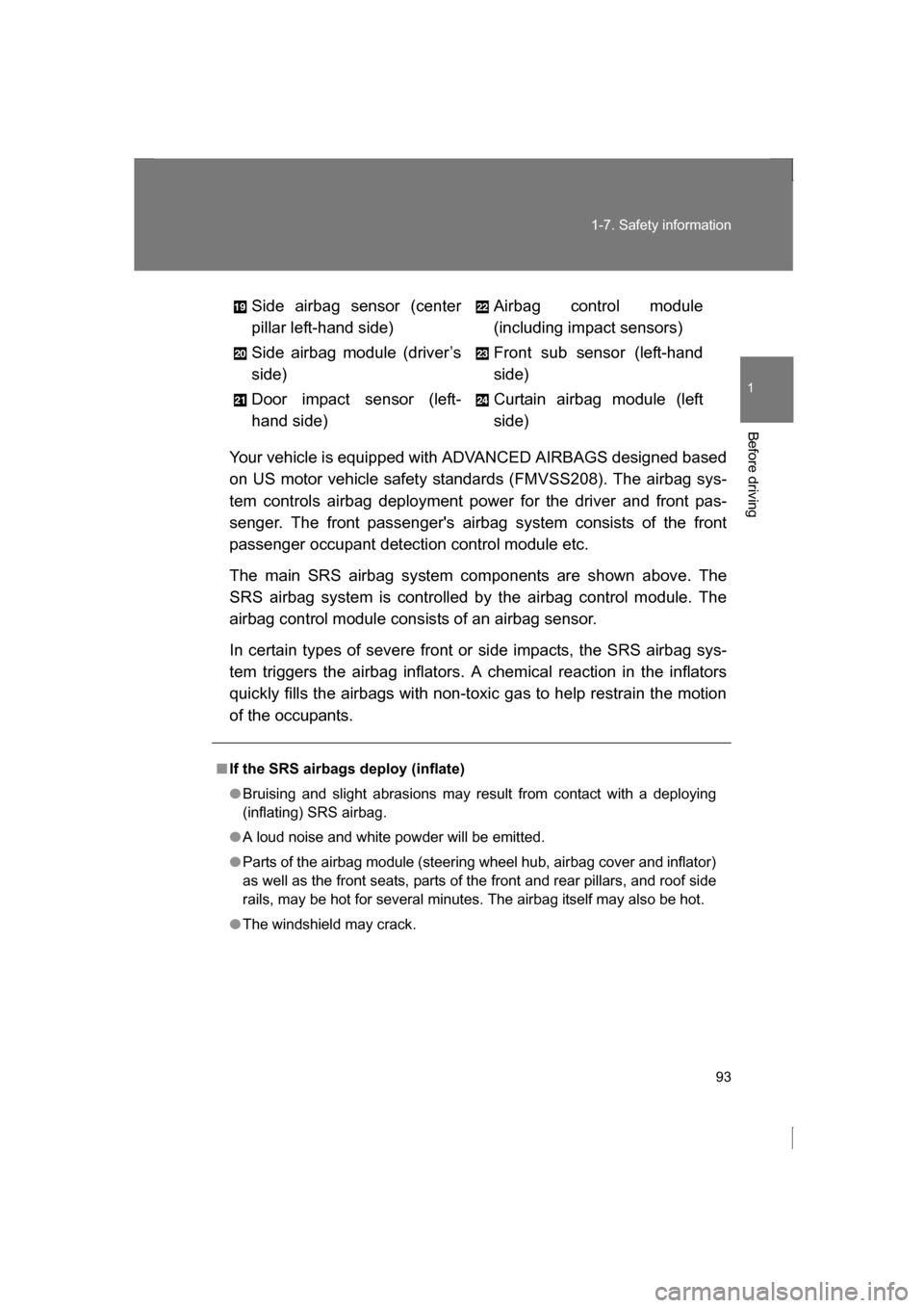 SUBARU BRZ 2013 1.G Owners Manual 93
1-7. Safety information
1
Before driving
Your vehicle is equipped with ADVANCED AIRBAGS designed based 
on US motor vehicle safety standards (FMVSS208). The airbag sys- 
tem controls airbag deploym