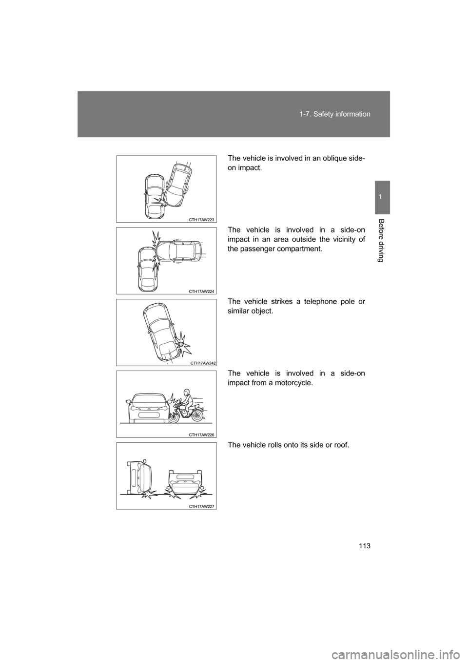 SUBARU BRZ 2014 1.G Owners Manual 113
1-7. Safety information
1
Before driving
The vehicle is involved in an oblique side- 
on impact. 
The vehicle is involved in a side-on 
impact in an area outside the vicinity of
the passenger comp