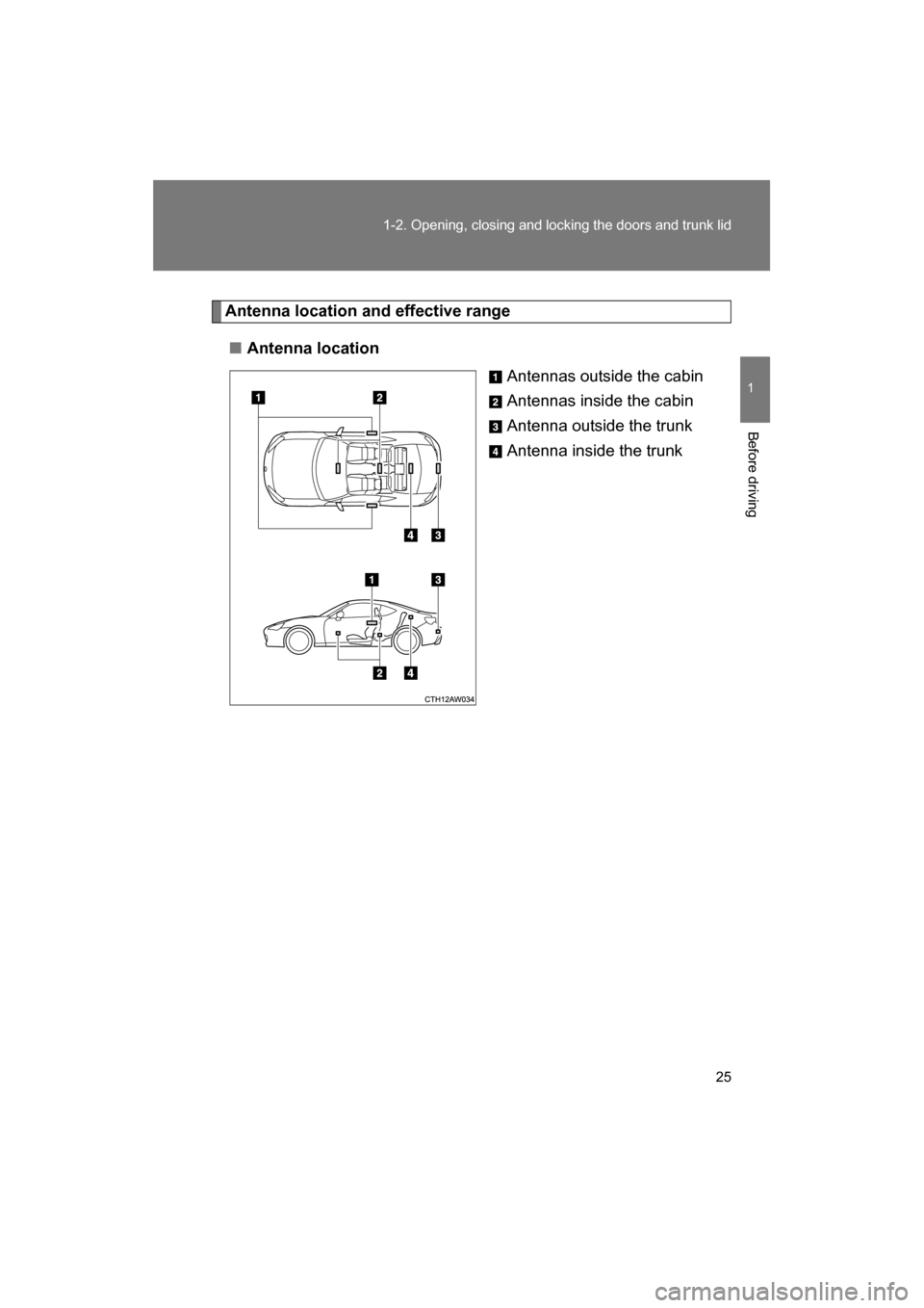 SUBARU BRZ 2014 1.G Owners Manual 25
1-2. Opening, closing and locking the doors and trunk lid
1
Before driving
Antenna location and effective range
■Antenna locationAntennas outside the cabin 
Antennas inside the cabin
Antenna outs