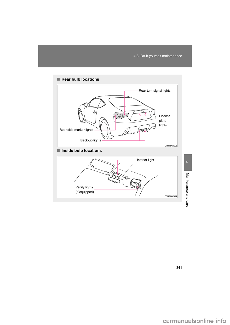 SUBARU BRZ 2014 1.G Owners Manual 341
4-3. Do-it-yourself maintenance
4
Maintenance and care
■Rear bulb locations
■Inside bulb locations
Rear turn signal lights
Rear side marker lightsBack-up lights License 
plate
lights
Interior 