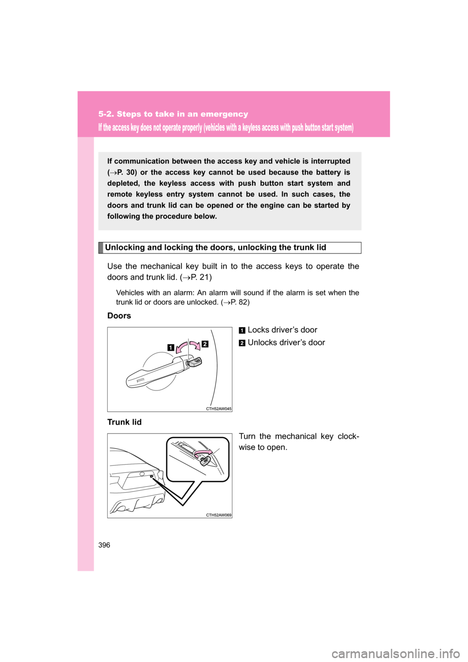 SUBARU BRZ 2014 1.G Owners Manual 396
5-2. Steps to take in an emergency
If the access key does not operate properly (vehicles with a keyless access with push button star t system)
Unlocking and locking the doors, unlocking the trunk 