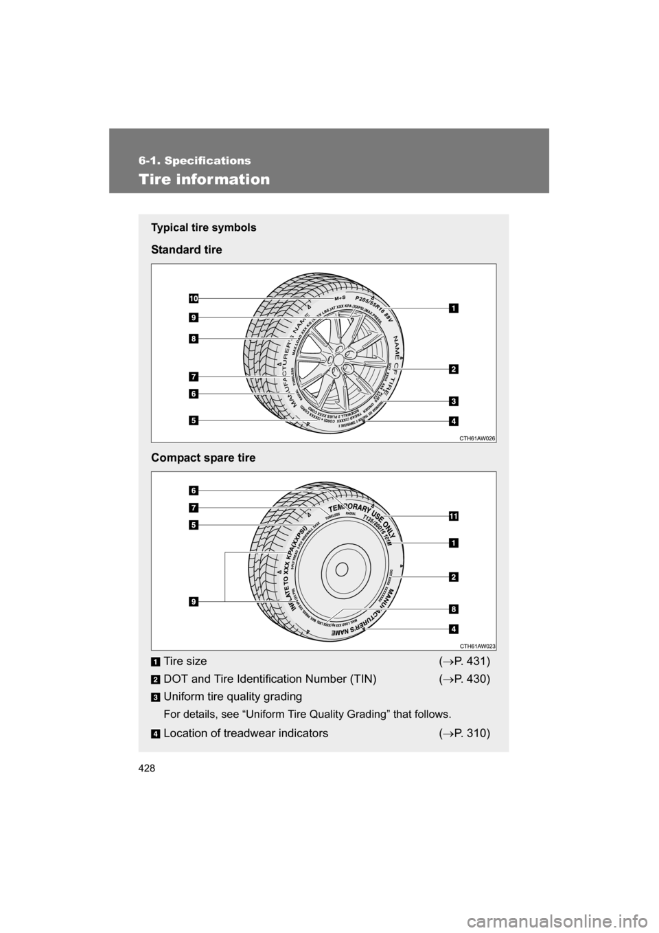 SUBARU BRZ 2014 1.G Owners Manual 428
6-1. Specifications
Tire information
Typical tire symbols 
Standard tire 
Compact spare tireTire size (→ P. 431)
DOT and Tire Identification Number (TIN) ( →P. 430)
Uniform tire quality gradin