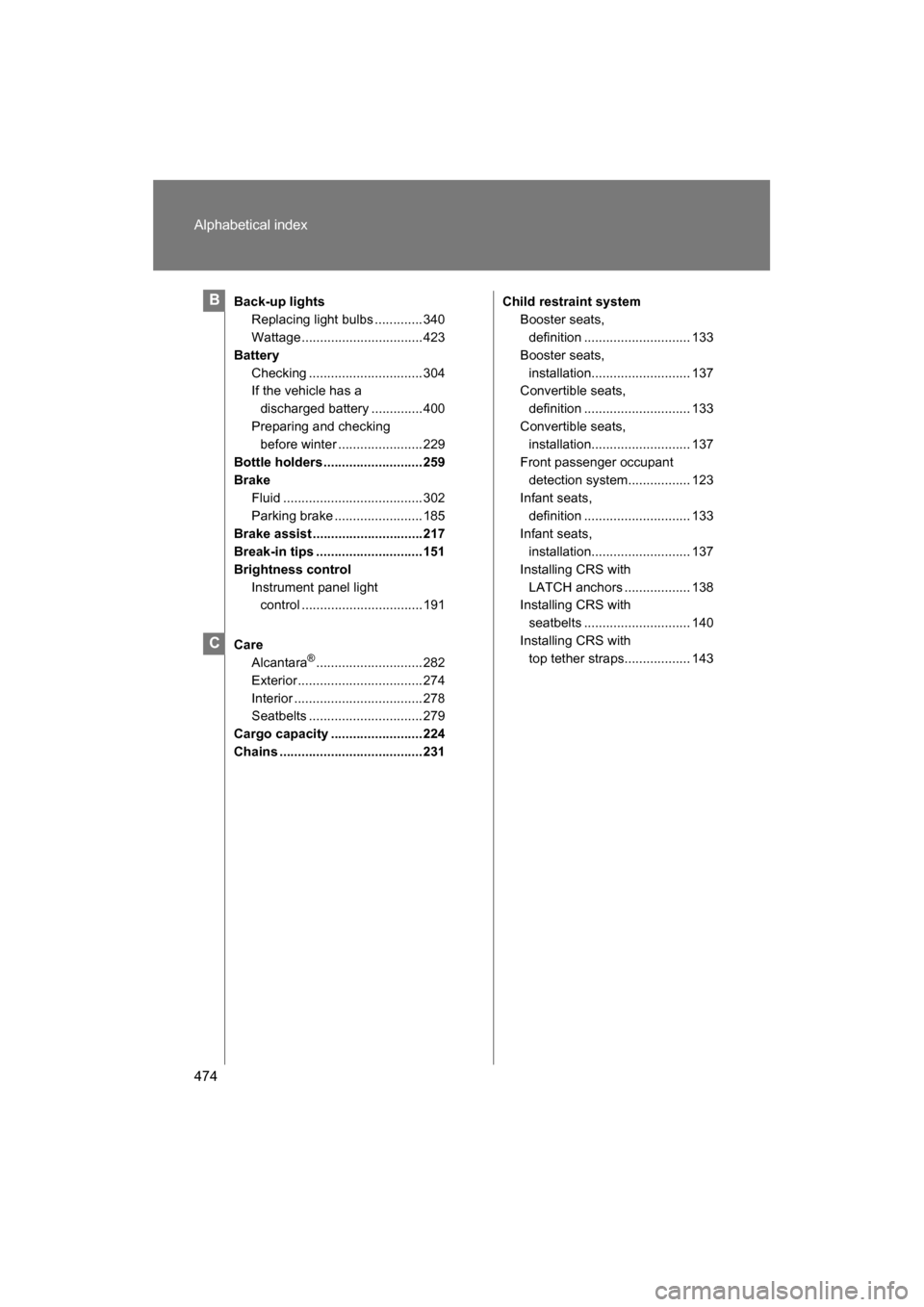 SUBARU BRZ 2014 1.G Owners Manual 474
Alphabetical index
Back-up lightsReplacing light bulbs ............. 340 
Wattage.................................423
Battery
Checking ............................... 304 
If the vehicle has a dis