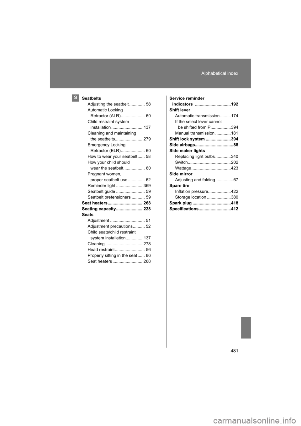 SUBARU BRZ 2014 1.G Owners Manual 481
Alphabetical index
SeatbeltsAdjusting the seatbelt ............. 58
Automatic Locking Retractor (ALR) .................... 60
Child restraint system installation .......................... 137
C SUBARU BRZ 2014 1.G Owners Manual 481
Alphabetical index
SeatbeltsAdjusting the seatbelt ............. 58
Automatic Locking Retractor (ALR) .................... 60
Child restraint system installation .......................... 137
C