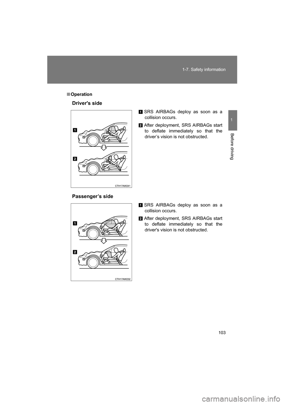 SUBARU BRZ 2015 1.G Owners Manual 103
1-7. Safety information
1
Before driving
■OperationDrivers side
Passenger’s side SRS AIRBAGs deploy as soon as a
collision occurs.
After deployment, SRS AIRBAGs start to deflate immediately SUBARU BRZ 2015 1.G Owners Manual 103
1-7. Safety information
1
Before driving
■OperationDrivers side
Passenger’s side SRS AIRBAGs deploy as soon as a
collision occurs.
After deployment, SRS AIRBAGs start to deflate immediately
