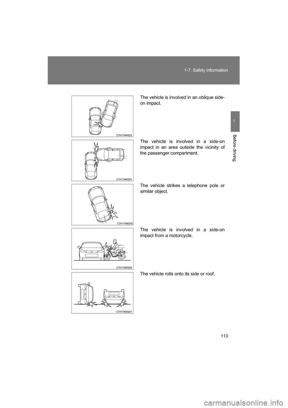 SUBARU BRZ 2015 1.G Owners Manual 113
1-7. Safety information
1
Before driving
The vehicle is involved in an oblique side- 
on impact. 
The vehicle is involved in a side-on 
impact in an area outside the vicinity of
the passenger comp