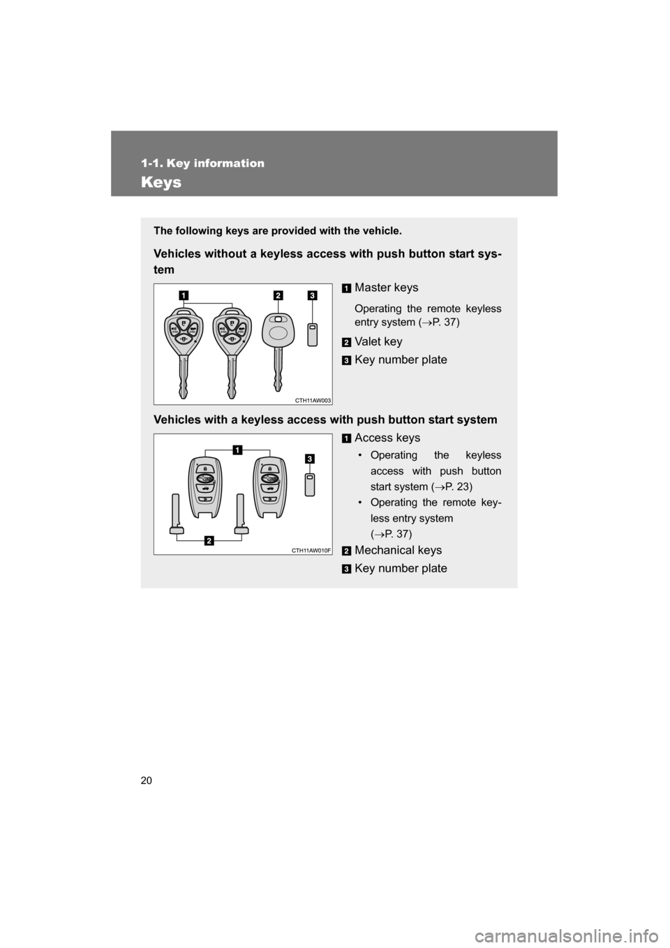 SUBARU BRZ 2015 1.G User Guide 20
1-1. Key information
Keys
The following keys are provided with the vehicle.
Vehicles without a keyless access with push button start sys-
temMaster keys
Operating the remote keyless
entry syst SUBARU BRZ 2015 1.G User Guide 20
1-1. Key information
Keys
The following keys are provided with the vehicle.
Vehicles without a keyless access with push button start sys-
temMaster keys
Operating the remote keyless
entry syst