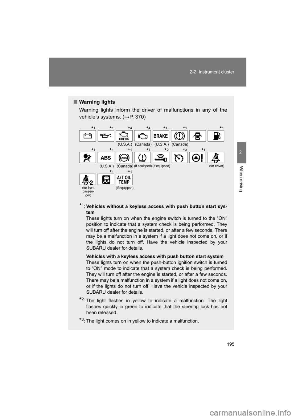 SUBARU BRZ 2015 1.G Owners Manual 195
2-2. Instrument cluster
2
When driving
■Warning lights 
Warning lights inform the driver of malfunctions in any of the 
vehicle’s systems. (→P. 370)
* 1
: Vehicles without a keyless access w