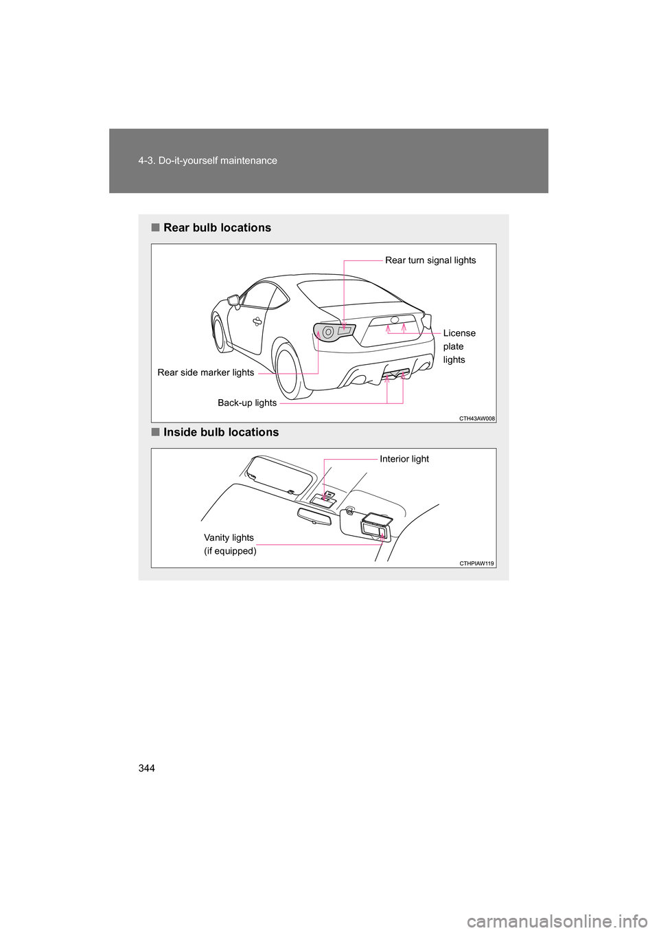 SUBARU BRZ 2015 1.G Owners Manual 344
4-3. Do-it-yourself maintenance
■Rear bulb locations
■Inside bulb locations
Rear turn signal lights
Rear side marker lightsBack-up lights License 
plate
lights
Interior light
Vanity lights  
(