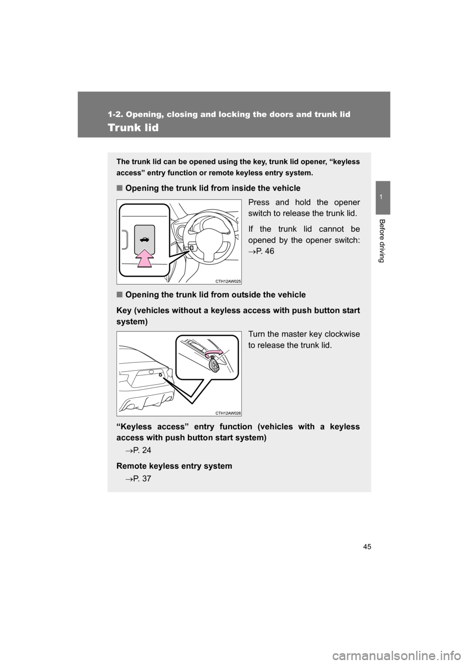 SUBARU BRZ 2015 1.G Owners Manual 45
1
1-2. Opening, closing and locking the doors and trunk lid
Before driving
Trunk lid
The trunk lid can be opened using the key, trunk lid opener, “keyless 
access” entry function or remote keyl