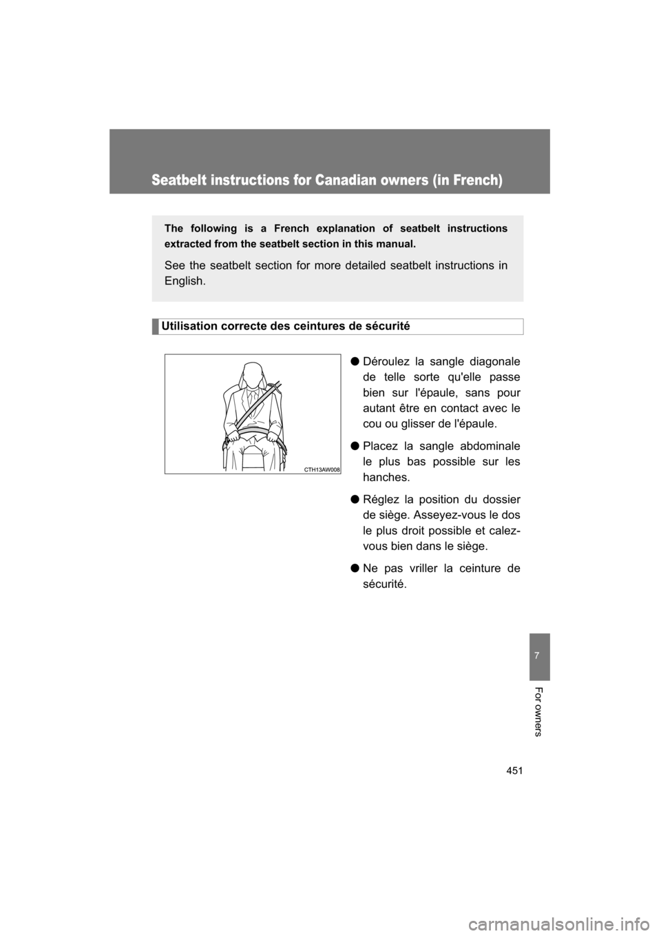 SUBARU BRZ 2015 1.G Owners Manual 451
7
For owners
Seatbelt instructions for Canadian owners (in French)
Utilisation correcte des ceintures de sécurité●Déroulez la sangle diagonale
de telle sorte quelle passe
bien sur lépaule SUBARU BRZ 2015 1.G Owners Manual 451
7
For owners
Seatbelt instructions for Canadian owners (in French)
Utilisation correcte des ceintures de sécurité●Déroulez la sangle diagonale
de telle sorte quelle passe
bien sur lépaule